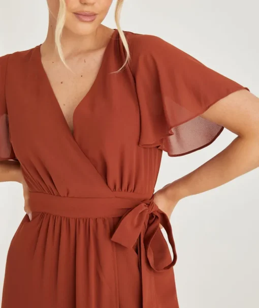 Flutter Sleeve Wrap Tie Chiffon Bridesmaid Dress - Rust