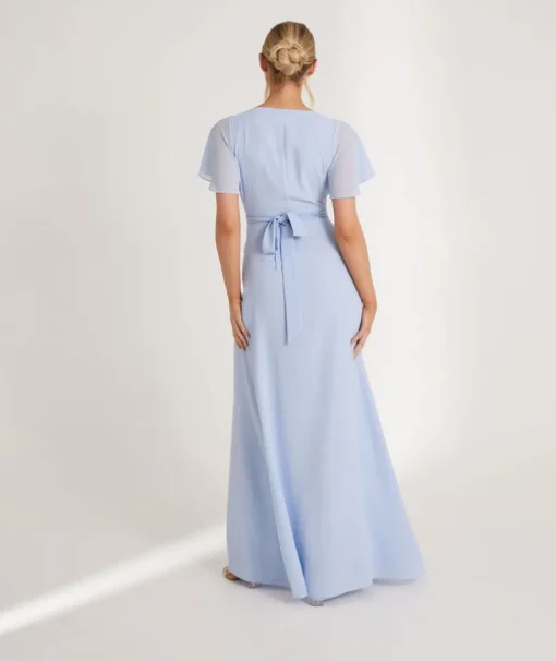 Flutter Sleeve Wrap Tie Chiffon Bridesmaid Dress - Cornflower Blue