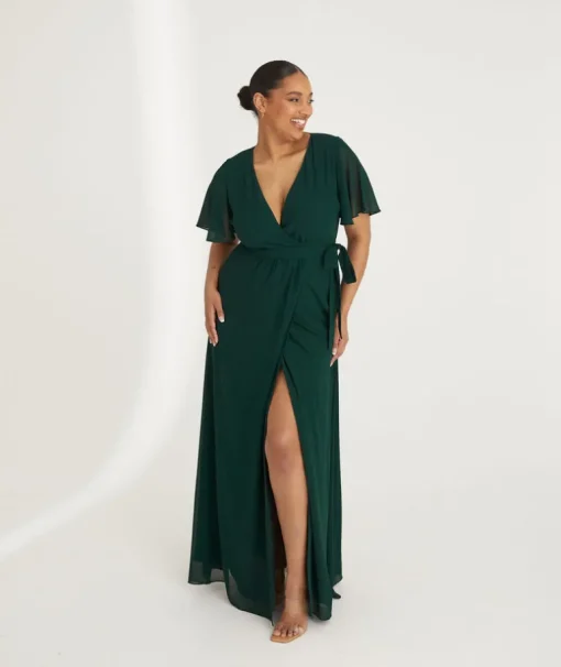 Flutter Sleeve Wrap Tie Chiffon Bridesmaid Dress - Emerald