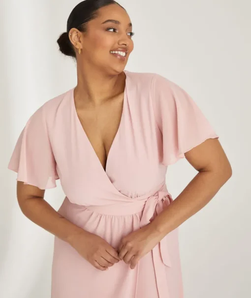 Flutter Sleeve Wrap Tie Chiffon Bridesmaid Dress - Peony Pink