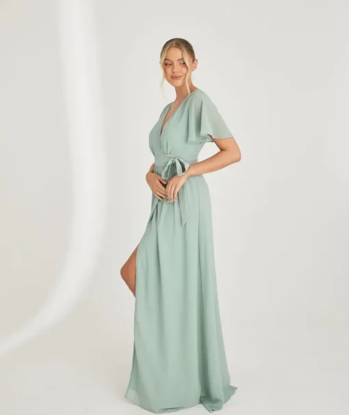 Flutter Sleeve Wrap Tie Chiffon Bridesmaid Dress - Sage