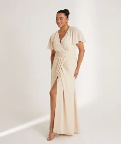 Flutter Sleeve Wrap Tie Chiffon Bridesmaid Dress - Butter Cream