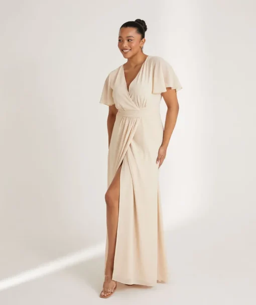 Flutter Sleeve Wrap Tie Chiffon Bridesmaid Dress - Butter Cream