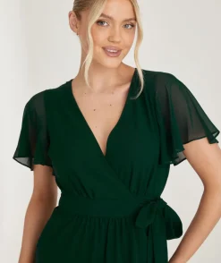 Flutter Sleeve Wrap Tie Chiffon Bridesmaid Dress - Emerald