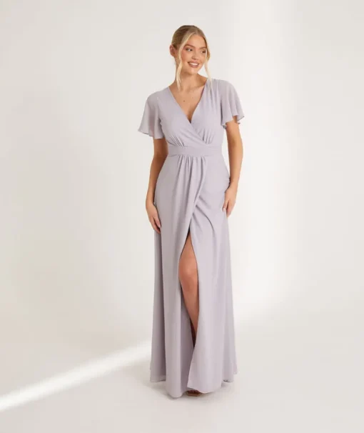 Flutter Sleeve Wrap Tie Chiffon Bridesmaid Dress - Dusty Lilac