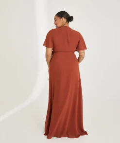 Flutter Sleeve Wrap Tie Chiffon Bridesmaid Dress - Rust