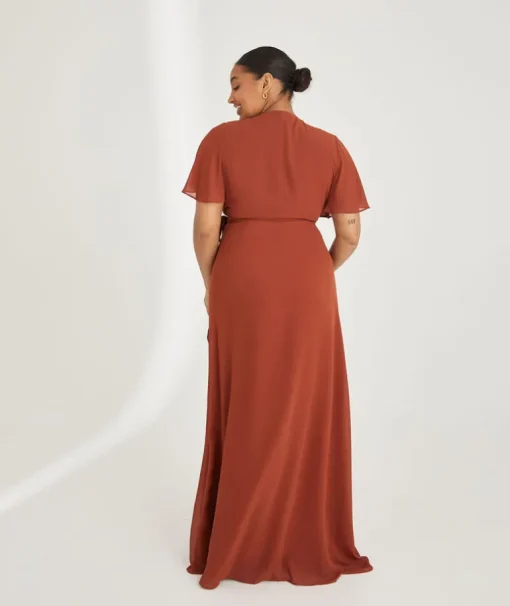 Flutter Sleeve Wrap Tie Chiffon Bridesmaid Dress - Rust