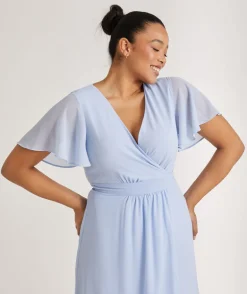 Flutter Sleeve Wrap Tie Chiffon Bridesmaid Dress - Cornflower Blue