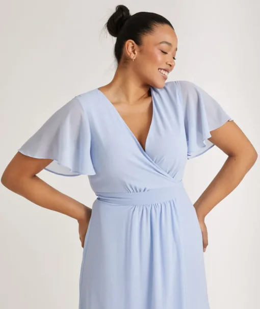 Flutter Sleeve Wrap Tie Chiffon Bridesmaid Dress - Cornflower Blue