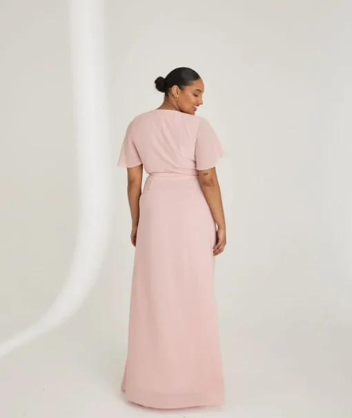Flutter Sleeve Wrap Tie Chiffon Bridesmaid Dress - Peony Pink