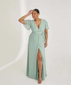 Flutter Sleeve Wrap Tie Chiffon Bridesmaid Dress - Sage