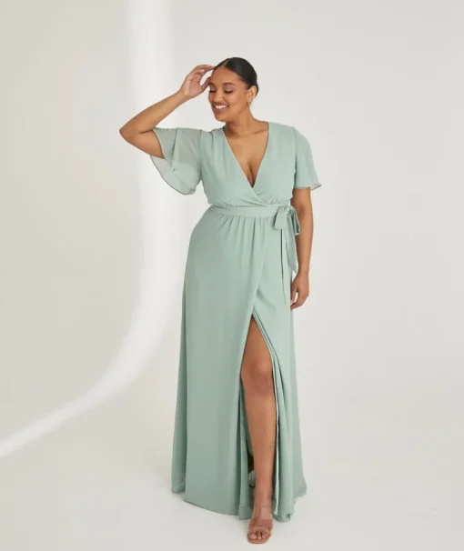 Flutter Sleeve Wrap Tie Chiffon Bridesmaid Dress - Sage