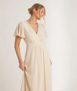 Flutter Sleeve Wrap Tie Chiffon Bridesmaid Dress - Butter Cream