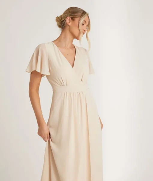 Flutter Sleeve Wrap Tie Chiffon Bridesmaid Dress - Butter Cream