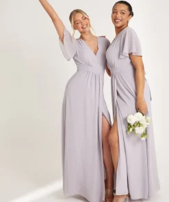 Flutter Sleeve Wrap Tie Chiffon Bridesmaid Dress - Dusty Lilac