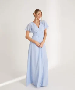 Flutter Sleeve Wrap Tie Chiffon Bridesmaid Dress - Cornflower Blue
