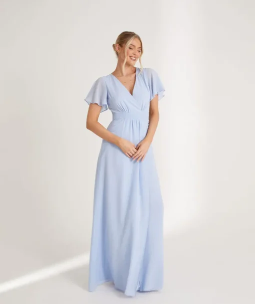 Flutter Sleeve Wrap Tie Chiffon Bridesmaid Dress - Cornflower Blue