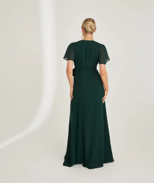 Flutter Sleeve Wrap Tie Chiffon Bridesmaid Dress - Emerald