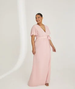Flutter Sleeve Wrap Tie Chiffon Bridesmaid Dress - Peony Pink