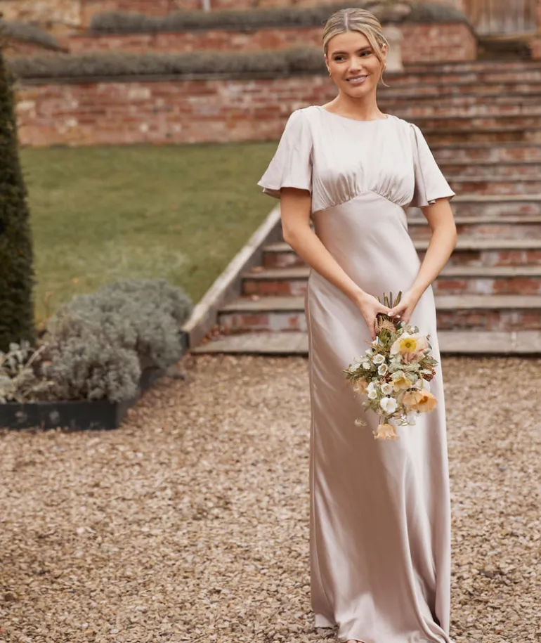 Gathered Bust Flutter Sleeve Satin Bridesmaid Dress - Oyster