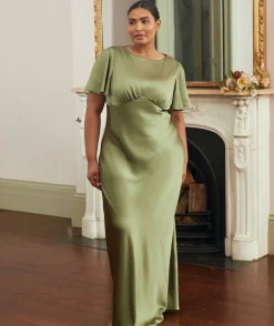 Gathered Bust Flutter Sleeve Satin Bridesmaid Dress - Moss Green