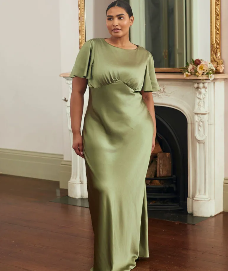 Gathered Bust Flutter Sleeve Satin Bridesmaid Dress - Moss Green