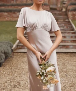 Gathered Bust Flutter Sleeve Satin Bridesmaid Dress - Oyster