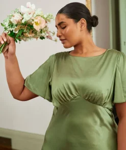 Gathered Bust Flutter Sleeve Satin Bridesmaid Dress - Moss Green