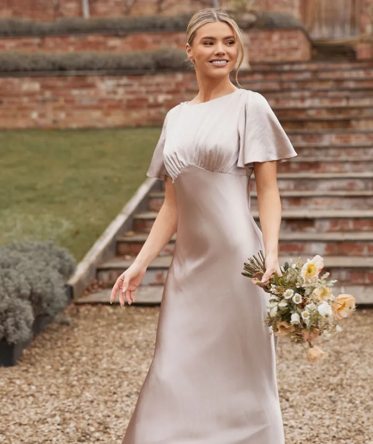 Gathered Bust Flutter Sleeve Satin Bridesmaid Dress - Oyster
