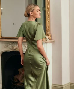 Gathered Bust Flutter Sleeve Satin Bridesmaid Dress - Moss Green