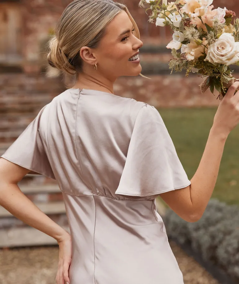 Gathered Bust Flutter Sleeve Satin Bridesmaid Dress - Oyster