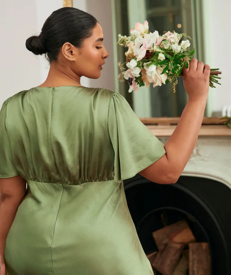 Gathered Bust Flutter Sleeve Satin Bridesmaid Dress - Moss Green