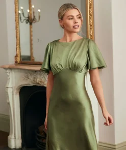 Gathered Bust Flutter Sleeve Satin Bridesmaid Dress - Moss Green