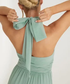 Halter Neck Pleated Waist Chiffon Bridesmaid Dress - Sage