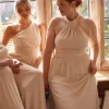 Halter Neck Pleated Waist Chiffon Bridesmaid Dress - Butter Cream