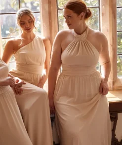 Halter Neck Pleated Waist Chiffon Bridesmaid Dress - Butter Cream