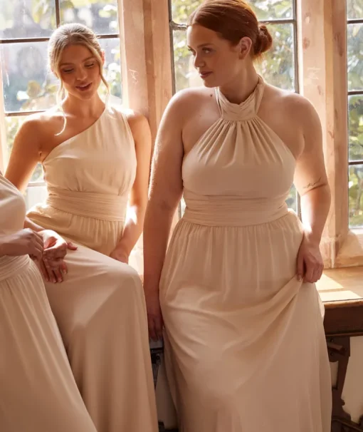 Halter Neck Pleated Waist Chiffon Bridesmaid Dress - Butter Cream