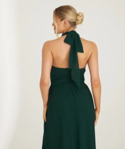 Halter Neck Pleated Waist Chiffon Bridesmaid Dress - Emerald