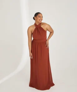 Halter Neck Pleated Waist Chiffon Bridesmaid Dress - Rust