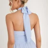 Halter Neck Pleated Waist Chiffon Bridesmaid Dress - Cornflower Blue