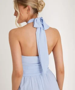 Halter Neck Pleated Waist Chiffon Bridesmaid Dress - Cornflower Blue
