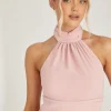 Halter Neck Pleated Waist Chiffon Bridesmaid Dress - Peony Pink