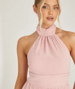 Halter Neck Pleated Waist Chiffon Bridesmaid Dress - Peony Pink
