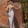 Halter Neck Pleated Waist Chiffon Bridesmaid Dress - Dusty Lilac