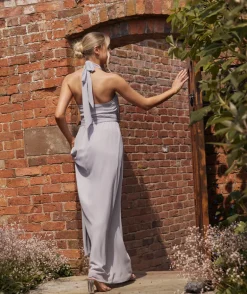 Halter Neck Pleated Waist Chiffon Bridesmaid Dress - Dusty Lilac