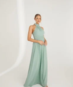 Halter Neck Pleated Waist Chiffon Bridesmaid Dress - Sage