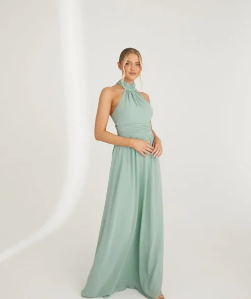 Halter Neck Pleated Waist Chiffon Bridesmaid Dress - Sage