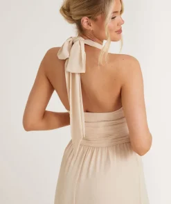 Halter Neck Pleated Waist Chiffon Bridesmaid Dress - Butter Cream