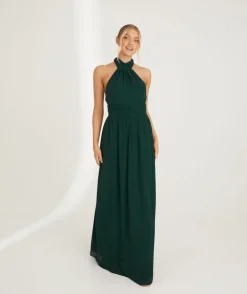 Halter Neck Pleated Waist Chiffon Bridesmaid Dress - Emerald