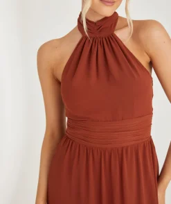 Halter Neck Pleated Waist Chiffon Bridesmaid Dress - Rust